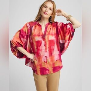 Chico’s Satin Abstract Dolman Sleeve Button Down Shirt Pink Red Tones Sz 3 XL/16